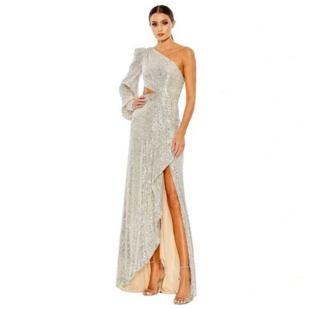 Mac Duggal Silver One-Shoulder Sequin Maxi Gown with High Slit